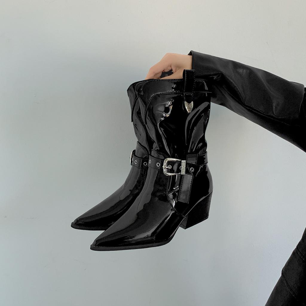 Black British Style Pointed Thick Heel Boots Women's 2025 New Autumn Small Man Height Increase Thin Short Boots Knight Boots