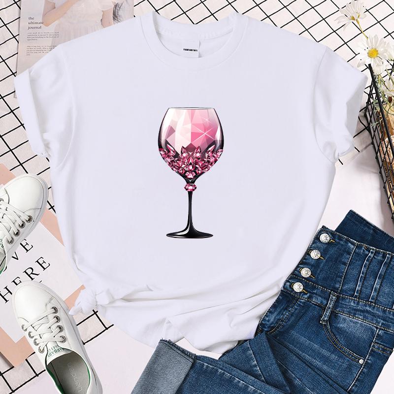 (Premium T-shirt)Pink Wine Glass T-Shirt Women T Shirt Cosplay Clothes Streetwear Tee Shirt Plus Size Tops
