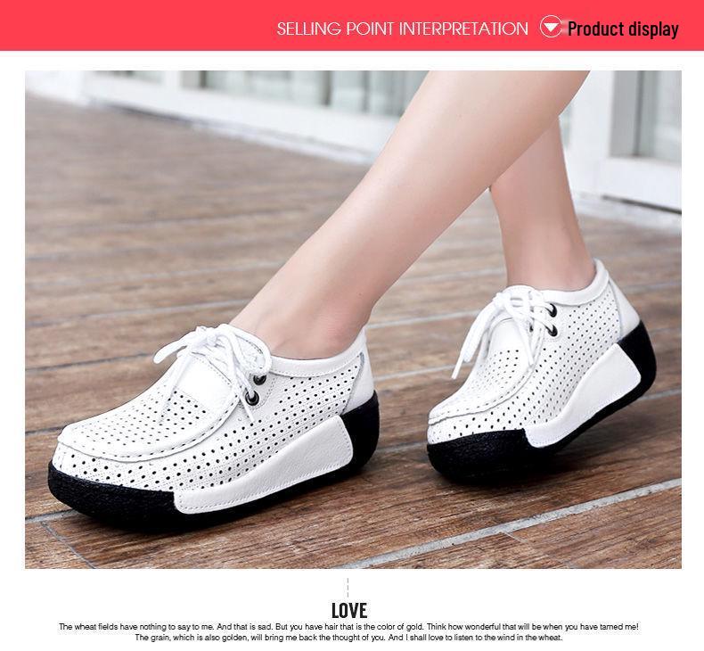 Women's White Leather Cut-Out Wedge Shoes - Thick Soft Sole, Casual Spring/Summer Platform Shoes.