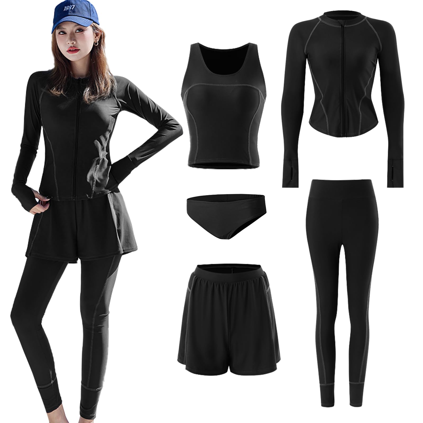 

Купальник с рашгардом включает и защиту от УФ-лучей с пальцем для амфибийного UPF и охлаждающий женский комплект из 5 предметов, танкини, леггинсы, худи, отверстия, чёрный