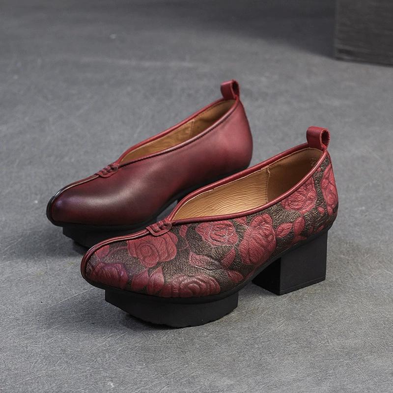 Mode GKTINOO Printemps Automne Style Ethnique Bout Rond Talons Hauts Chaussures Maman Cuir Vachette Plateforme Rétro Escarpins en Cuir Véritable Chaussures Femme