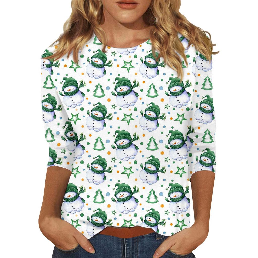 Spring and Autumn Round Neck Christmas Themed Pattern 3D Printed Top Fashionable Casual Long Sleeved Women's T-shirts