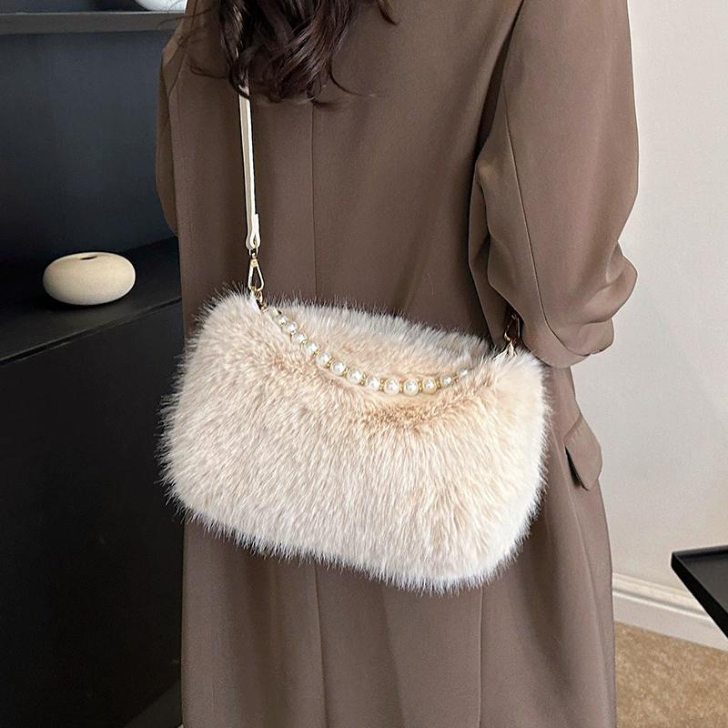 Yogodlns Winter Fashion Women's Faux Fur Shoulder Bags Candy Color Pearl Handle Crossbody Bag Small Fluffy Female Pillow Handbags