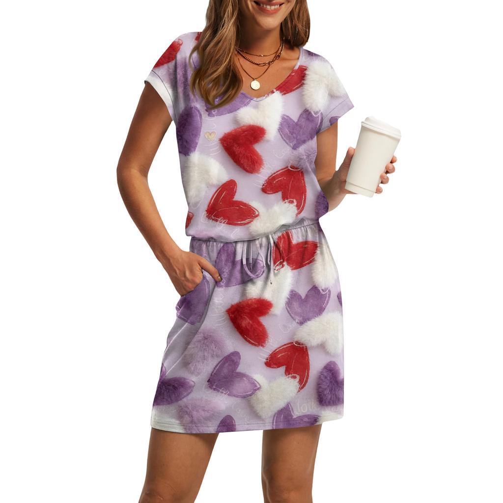 Women's V,Neck Short,Sleeve Drawstring Pocket Valentine's Day Print Casual Dress