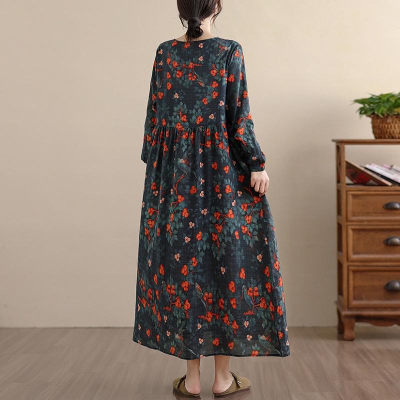 Long Sleeve Plus Size Cotton Vintage Floral New In Dresses for Women Casual Loose Spring Summer Autumn Dress