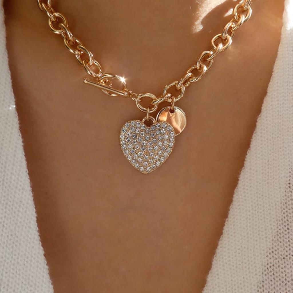 Women European Temperament Sweet Cool Choker Round Heart OT Buckle Chain Micro-set Minimalist Necklace For Women