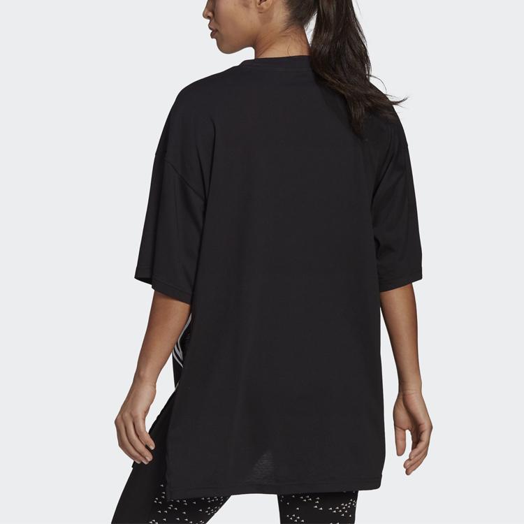 Adidas Oversized Tee With Training Striped Print Side Slits Round Neck Short Sleeve Drop Shoulder T-Shirt Women Tops Black H47488