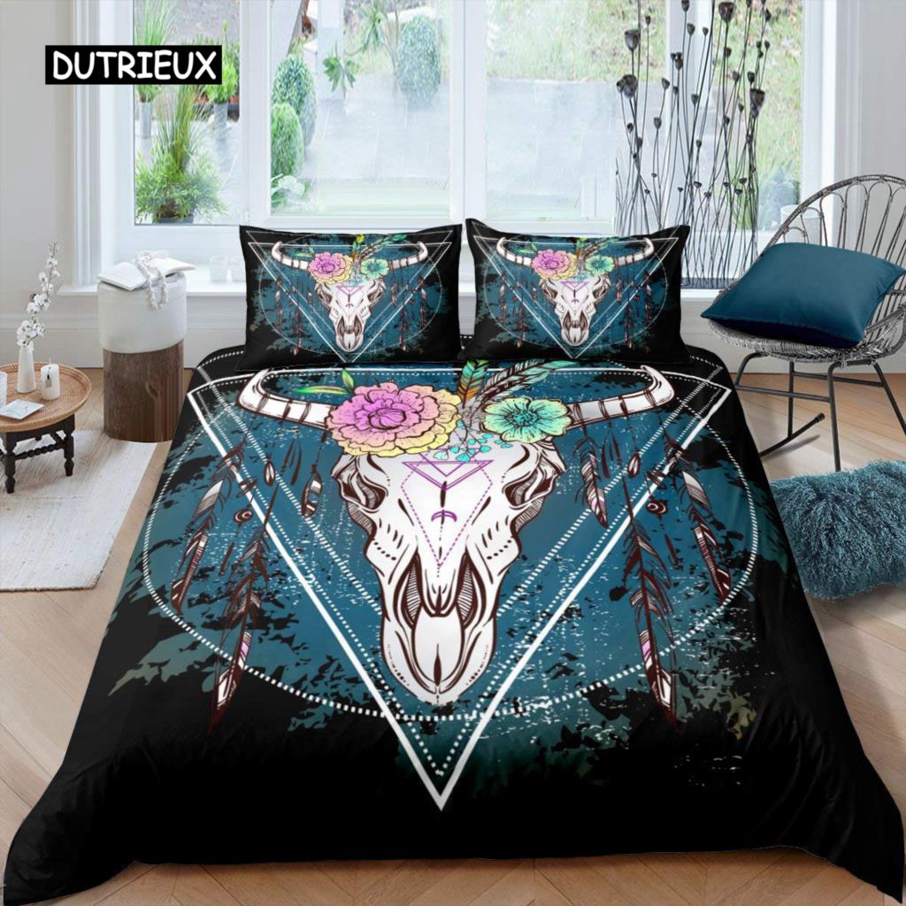 Cow Skull Bed Cover Queen Size Sunflower Cattle/Bull Skeleton Bed Linen Package Botanical Floral Leaves Boho Tribal Polyester Fabric Quilt Cover