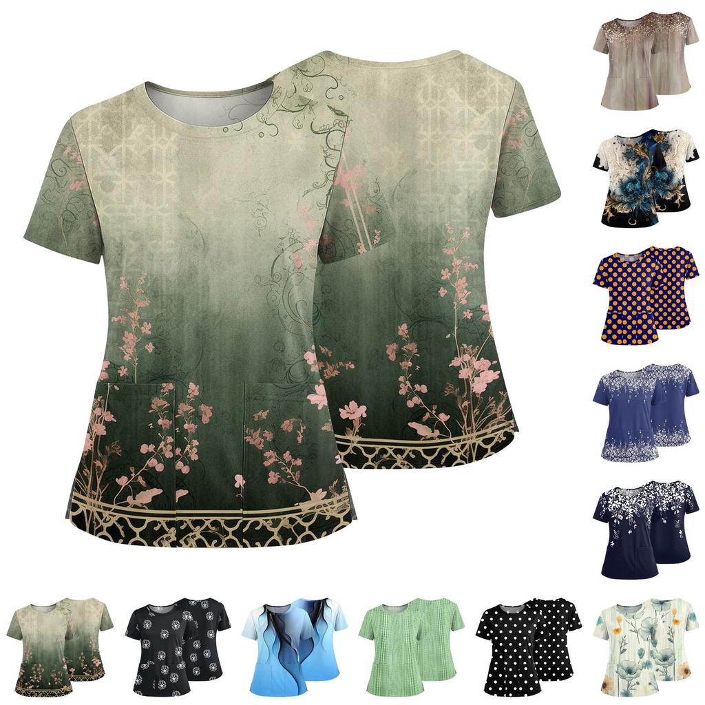 Women's Fashionable Printed Round Neck Pocket Short Sleeved Shirt With Slit Hem Uniform And Worker's Top