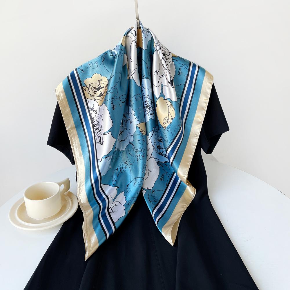 Women s Scarf: Rose-print silk scarf, women s shawl, versatile satin 90cm handkerchief 90*90cm