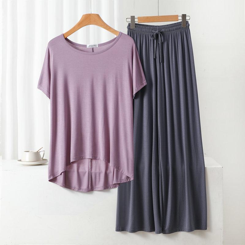 Damen Übergröße Freizeit-Pyjama-Set: Modal Rundhals Kurzarm Oberteil & Weitbeinige Hose