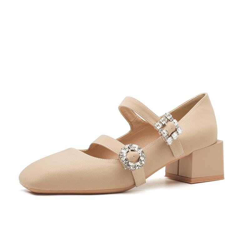 53301 [Discontinued] High Heels Women's Thick Heel 2025 New Square Head Rhinestone Mary Jane Shoes Shallow Mouth Single Shoes