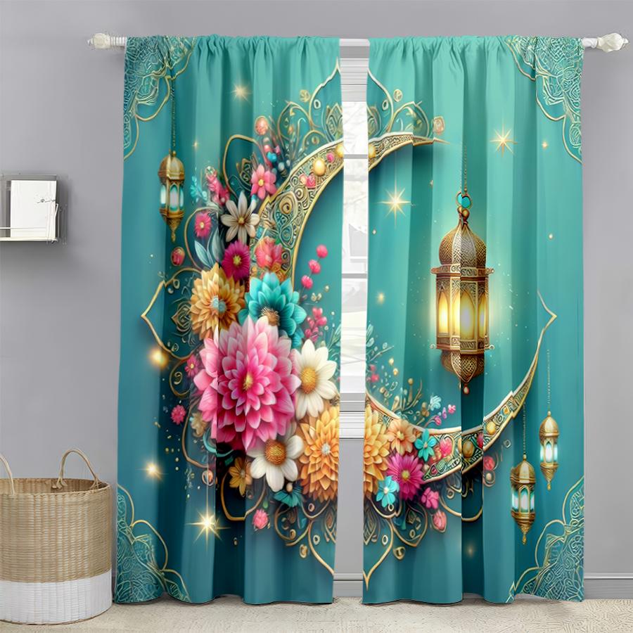 

Set Of 2 Blue Gold Exotic Flower Lantern Curtains Romantic Style Bedroom Living Room Drawbar Pocket Decorative Made Polyester Great Window Treatment W100*H70(CM)-Grommet top&2PCS