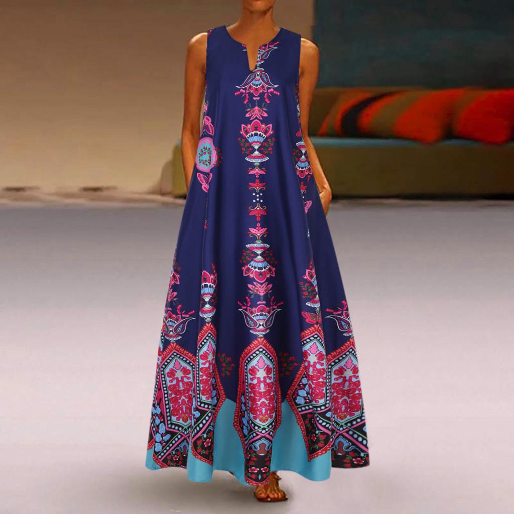 Women Plus Size Print Daily Casual Sleeveless Vintage Bohemian V Neck Maxi Dress