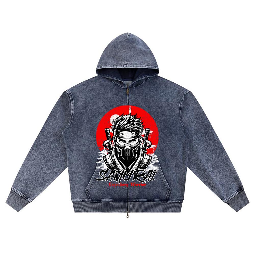 

Худи на молнии из вязаного денима с DTG-принтом, Япония, Самурай, Брат, Толстовки на молнии XL темно-синий