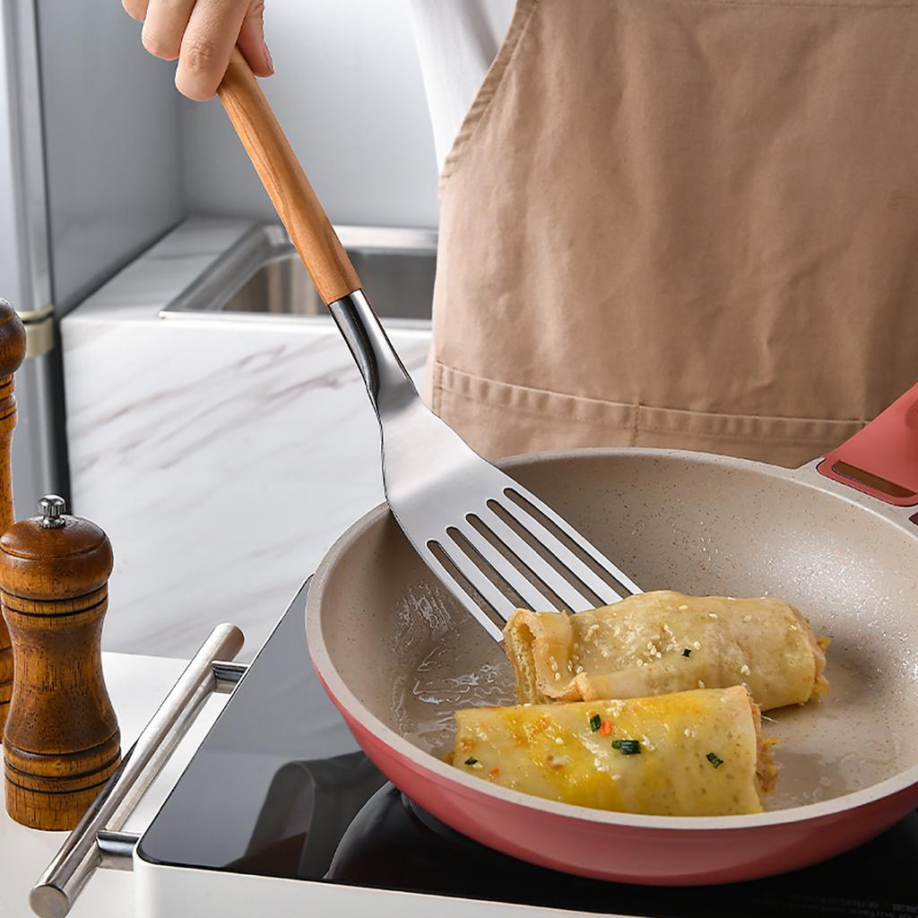 1/4pcs Stainless Steel Cooking Utensil Wooden Handle Frying Spatula Leaking Spatula Soup Spoon Kitchenware Utensils Kitchen Tool