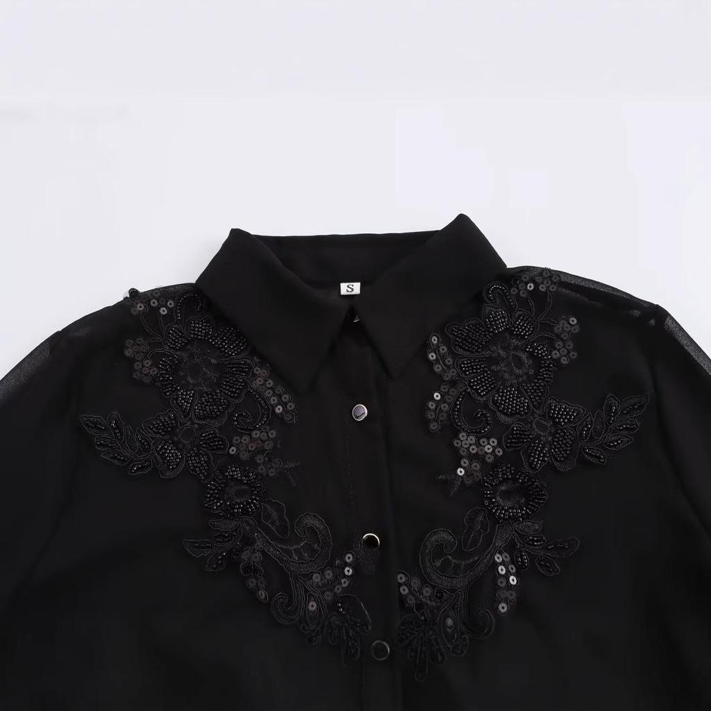 Cămașă transparentă cu mărgele pentru femei, stil european și american de toamnă 2024