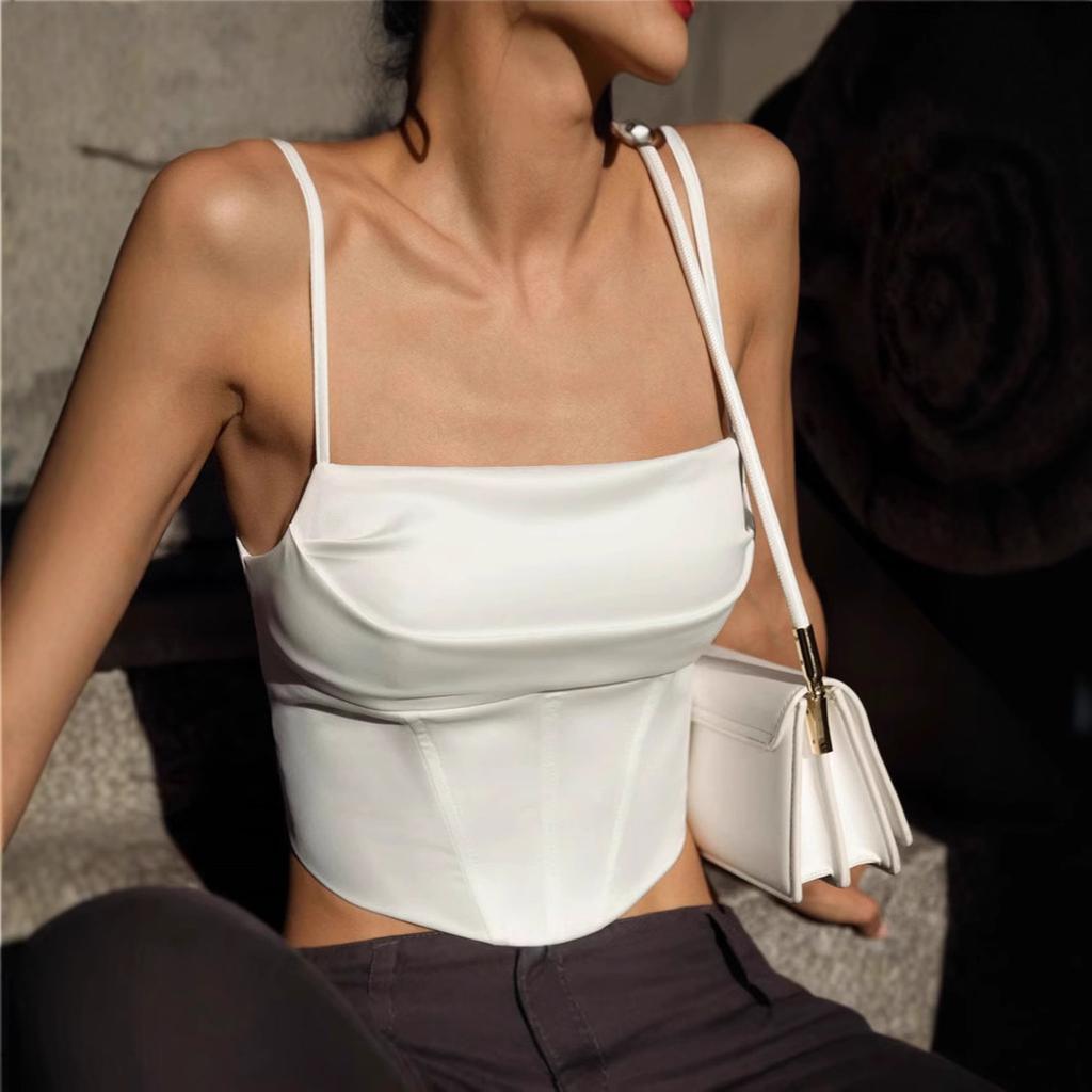 Sexy satin fishbone tube top, Spice Girl autumn back lace-up, exposed navel girdle, pure desire sling vest