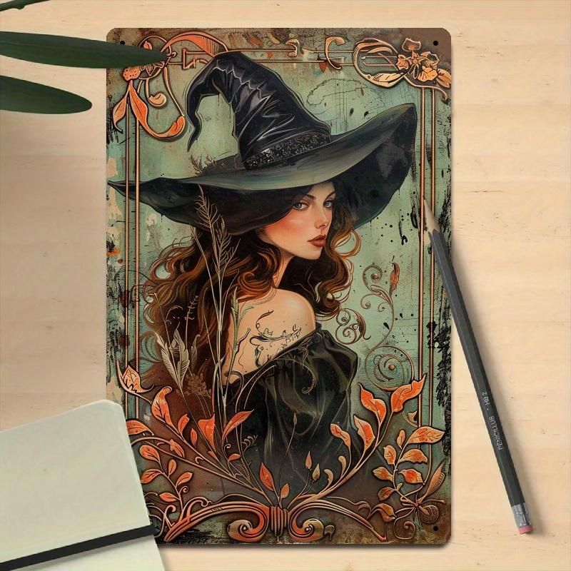 Room Decor 1pc Vintage Witch Metal Tin Sign, 8x12 Inches, Iron Wall Art with Pre-Drilled Holes, Elegant Witchcraft Themed Decor