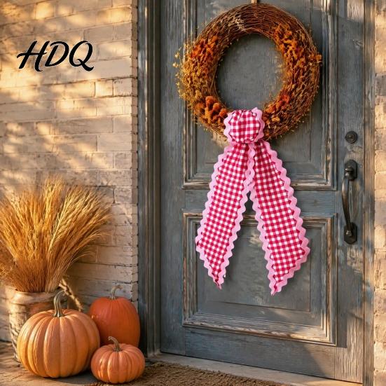 Scalloped Edge Wreath Ribbon Fall Sash for Front Door 55 Inch Plaid Gingham Autumn Wedding Ornament Thanksgiving Harvest Yard Porch Doorway