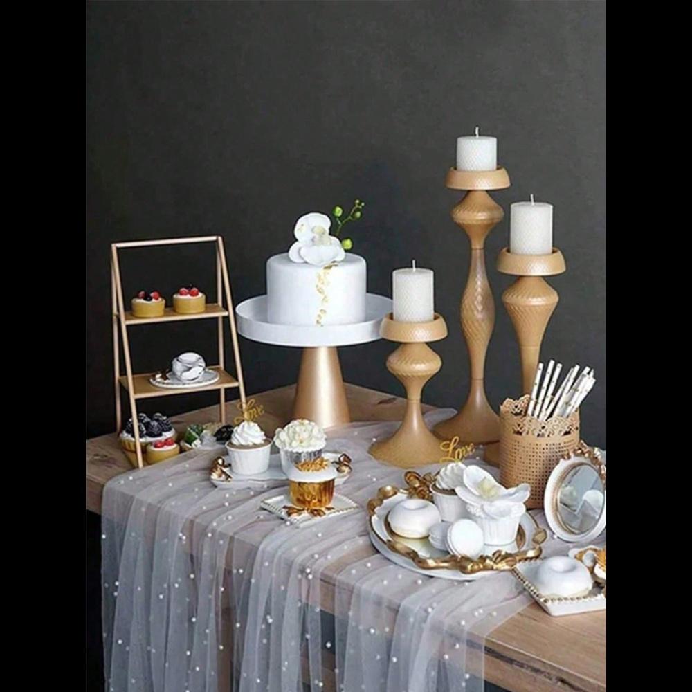 1pc Cake Photography Backdrop, Soft Tulle Curtain Fabric, Faux Pearl Organza Dessert Table Cloth, Fairy Style White Lace Background Prop