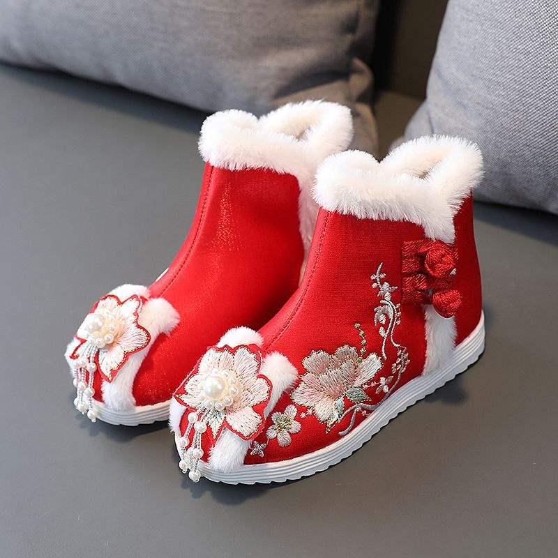 Cizme de Bumbac Căptușite cu Lână Hanfu pentru Copii - Stil Iarnă 2026, Pantofi Tradiționali Chinezești Brodați pentru Fete