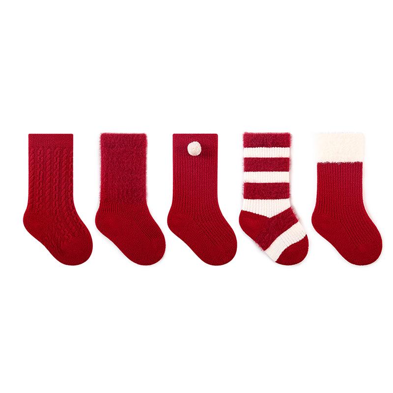 2024 Winter Baby Socks: Big Red, Warm, Seamless Mid-Calf for New Year, First Birthday, Full Moon, or Hundred Days Celebration
