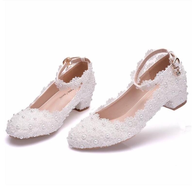 Scarpa Singola da Donna Tacco Basso 3cm Punta Tonda, Design in Pizzo e Perle, Marca di Lusso, Colore Bianco, Scarpe da Matrimonio Primavera Autunno
