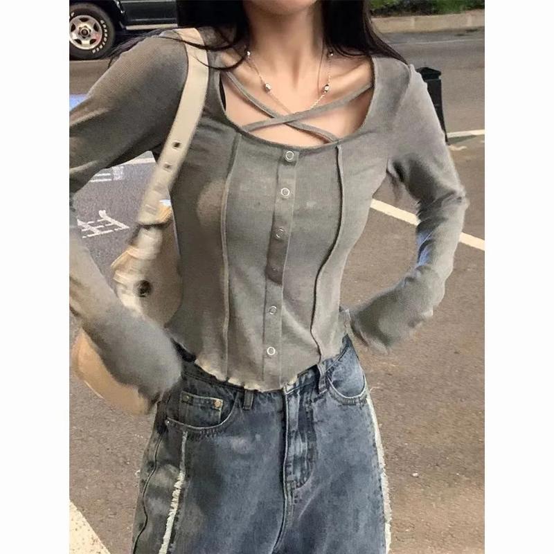 

Дизайн в стиле Pure Lust Сладкая Горячая Длиннорукавная Футболка с Перекрестными Бретелями Женская Осенняя Базовая Кофта S