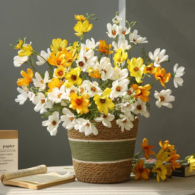 12pcs Simulation Coreopsis Silk Fake Flowers Artificial 5-Heads Coreopsis Branch White Flower Shopping Mall Decoration Plant