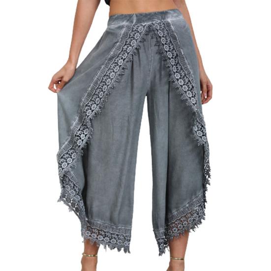 High Waist Wide Leg Pants Nine Length Solid Color Women Casual Trousers With Lace Trim Women Clothing
