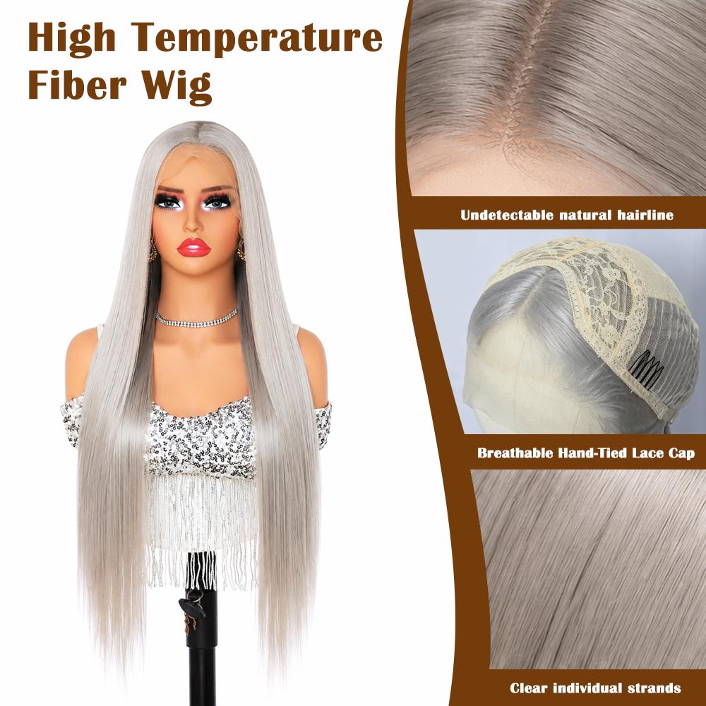 13x4 Transparente Spitze Front Silber Grau Seidig Gerade Perücke, Hitzebeständig Synthetisch Natürliche Textur für Tägliches Party Cosplay