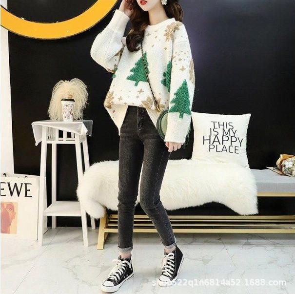 Women's Christmas Sweater: Best Friend Outfit, Autumn/Winter Style, Round Neck, Thick, Loose Slimming Knitwear Top