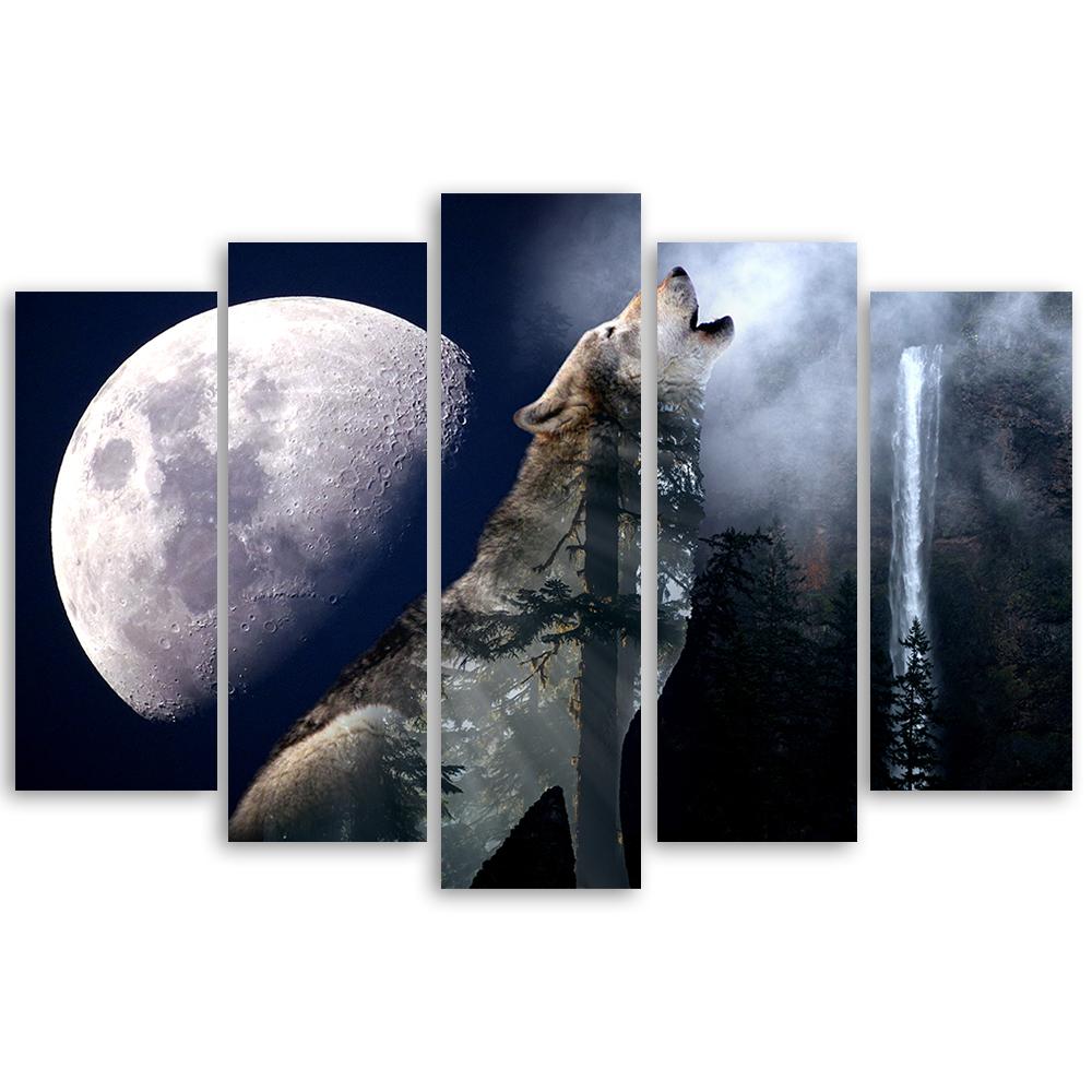 Päťdielny obraz na plátne Wolf Nature Moon Fog