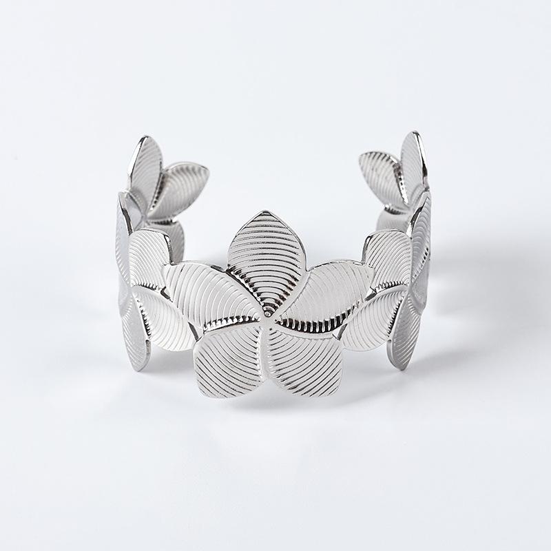 Trendy Double Flower Open Bangle Stainless Steel Women's Bracelet