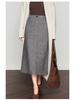 Woolen Half-Skirt: Women's 2025 Winter Brown-Gray Casual Slit Midi Skirt