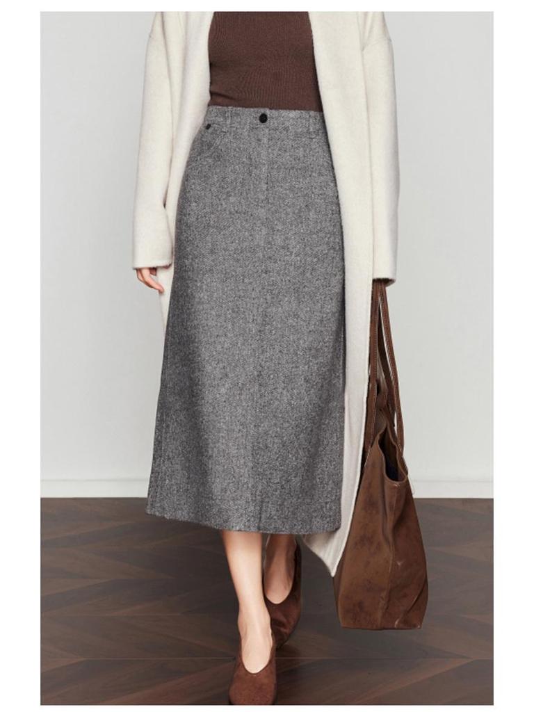 Woolen Half-Skirt: Women's 2025 Winter Brown-Gray Casual Slit Midi Skirt
