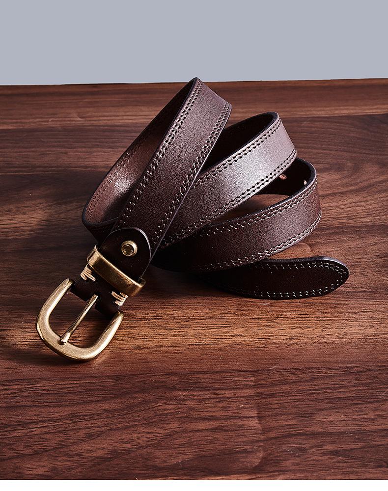 Men's Handmade Retro Leather Belt with Brass Buckle - Genuine Cowhide, Versatile and Trendy for Casual Wear