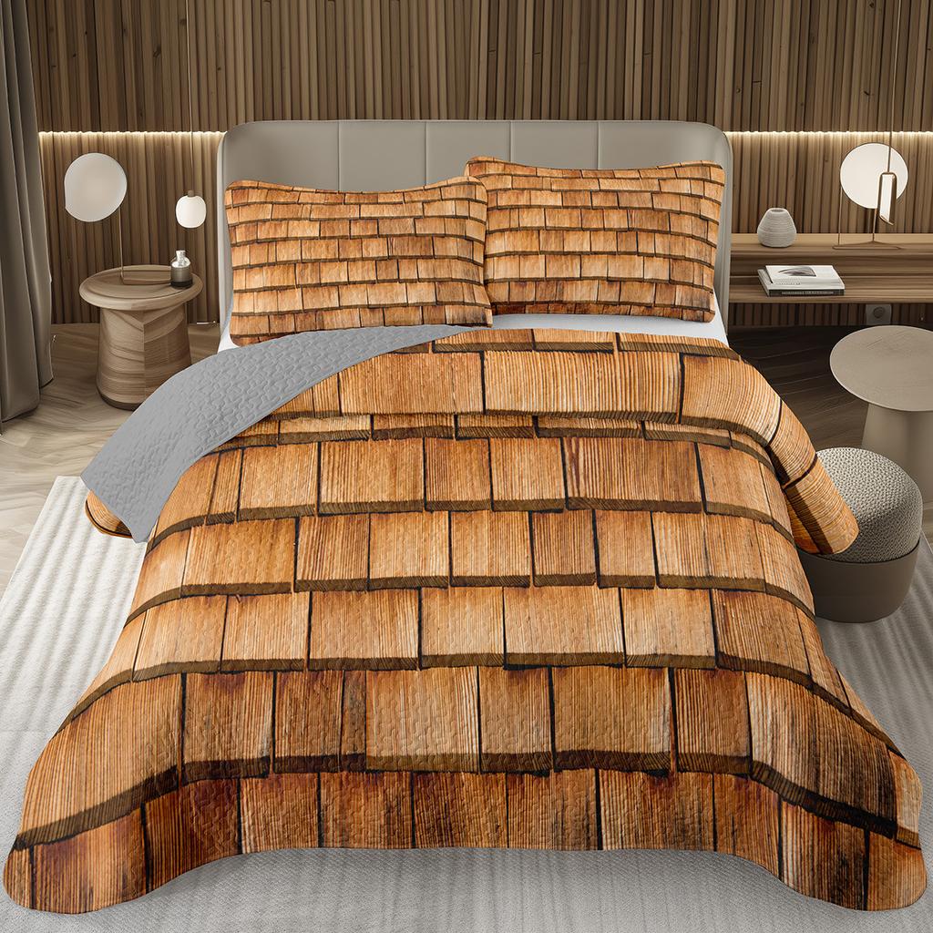 Wood Barn Door Bedspread Queen/Twin Wood Grain Quilted Coverlet Retro Rustic Farmhouse Bedding Set Reversible Grey Quilt Set