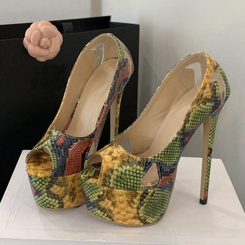 

Мода Liyke Мода Ажурные Туфли-Платформы из Кожи со Змеиным Принтом Смешанных Цветов Женские Сексуальные Туфли с Открытым Носком на Высоком Каблуке 16 см для Вечеринок и Стриптиза 35
