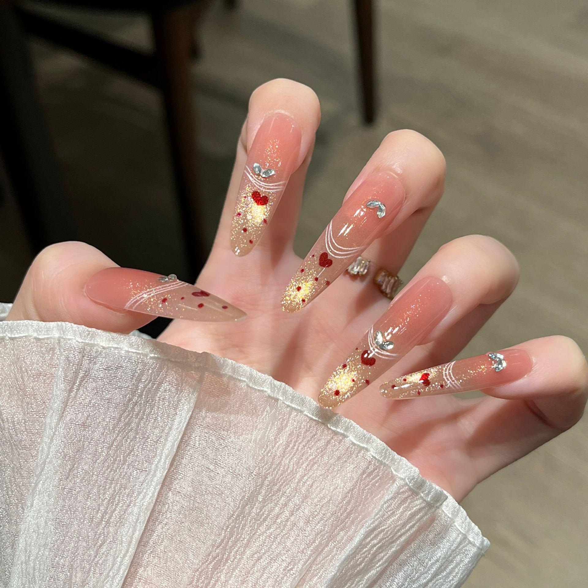 Super Shiny High-End Wearable Fake Nails: Pure Desire, Light Luxury, Whitening, Long and Slender with Gold Tips, Finished Product. Bagged S