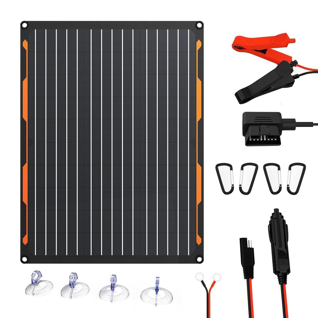 FlexSolar Car Solar Panel Trickle Charging 20W Portable Solar and IP68 OBDII Solar Panel for Car Marine and Charging and Maintenance Kit, 12V,