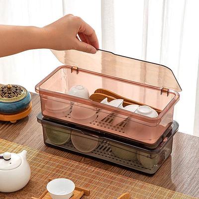 Transparent Flip-Top Plastic Storage Box for Tea Sets & More with Draining Lid
