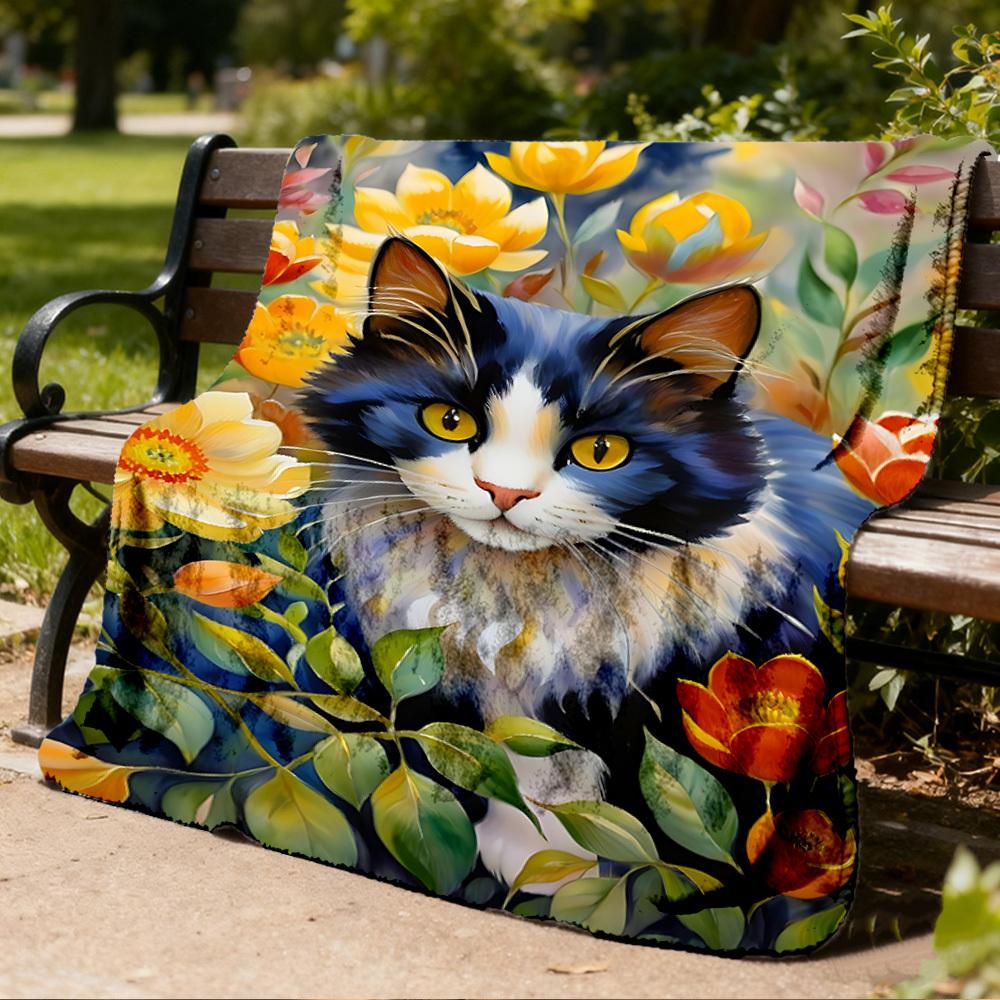 1pc Cat Flowers Outdoor Flannel Blanket , Machine Washable Perfect Gift for Birthday , Holiday Travel Accessory , Durable Material