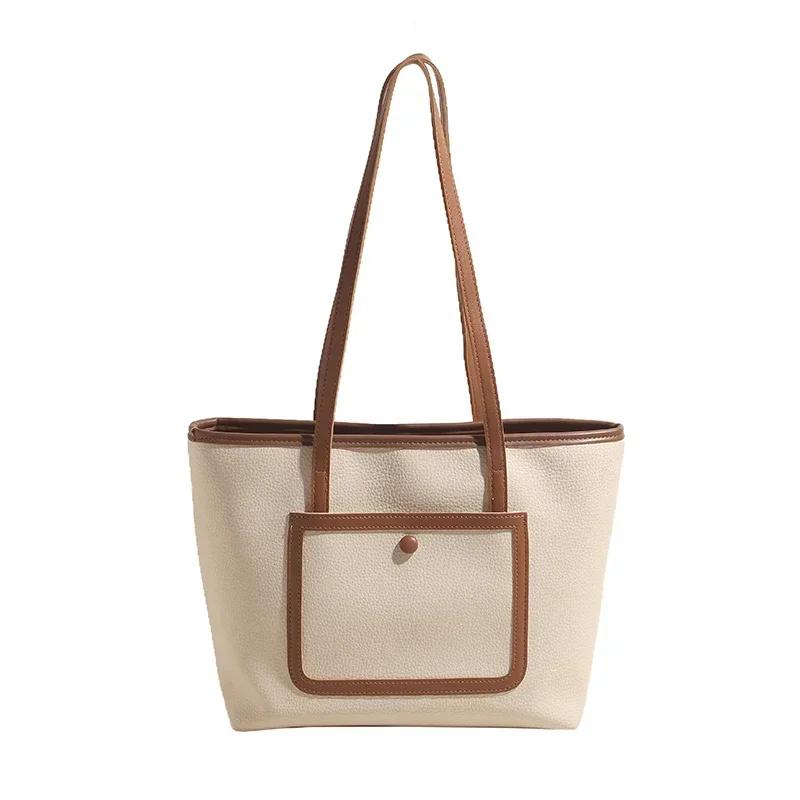Simple solid PU shoulder bags with zipper large capacity high quality grace commute casual tote