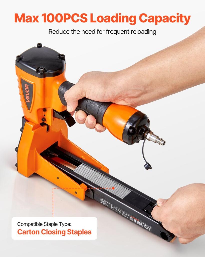 Pneumatic Carton Closing Stapler, 13 Gauge Pneumatic Cardboard Staple Gun for 34.8mm Crown 16mm & 19mm Length, Depth-Adjustable 70-120 PSI Air Staple