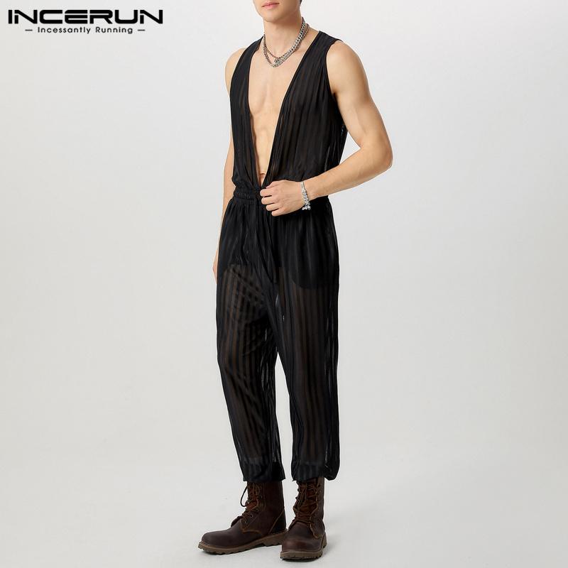 INCERUN Mono de Malla Transparente sin Mangas con Cuello en V Profundo y Cordón para Hombre