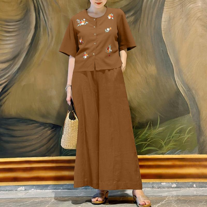 

ZANZEA Женская блузка с коротким рукавом и вышивкой и брюки Летние костюмы-двойки M коричневый