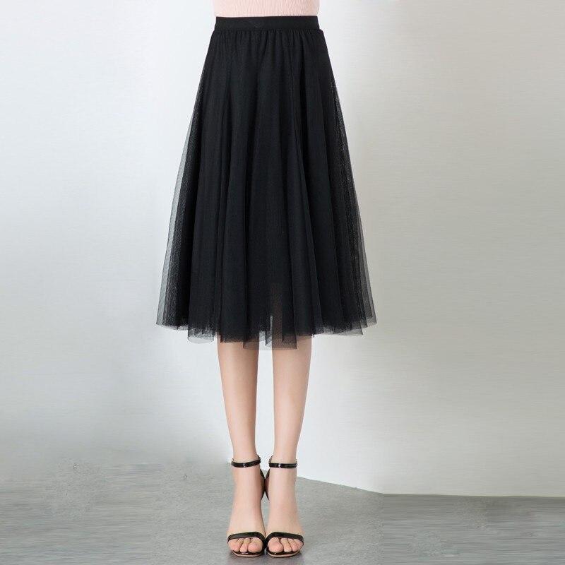 Qooth Sladká tylová síťovaná sukně ke kolenům Dámská elastický pas Pohádková plisovaná sukně Jednoduchá ležérní QT2221