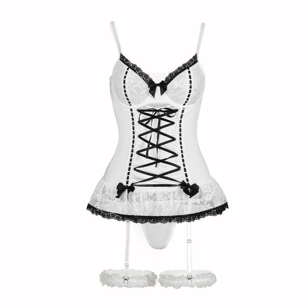 European & American Sexy Lace Lingerie: Pure Desire Style with Bow & Leg Accent, One-Piece for Girls.